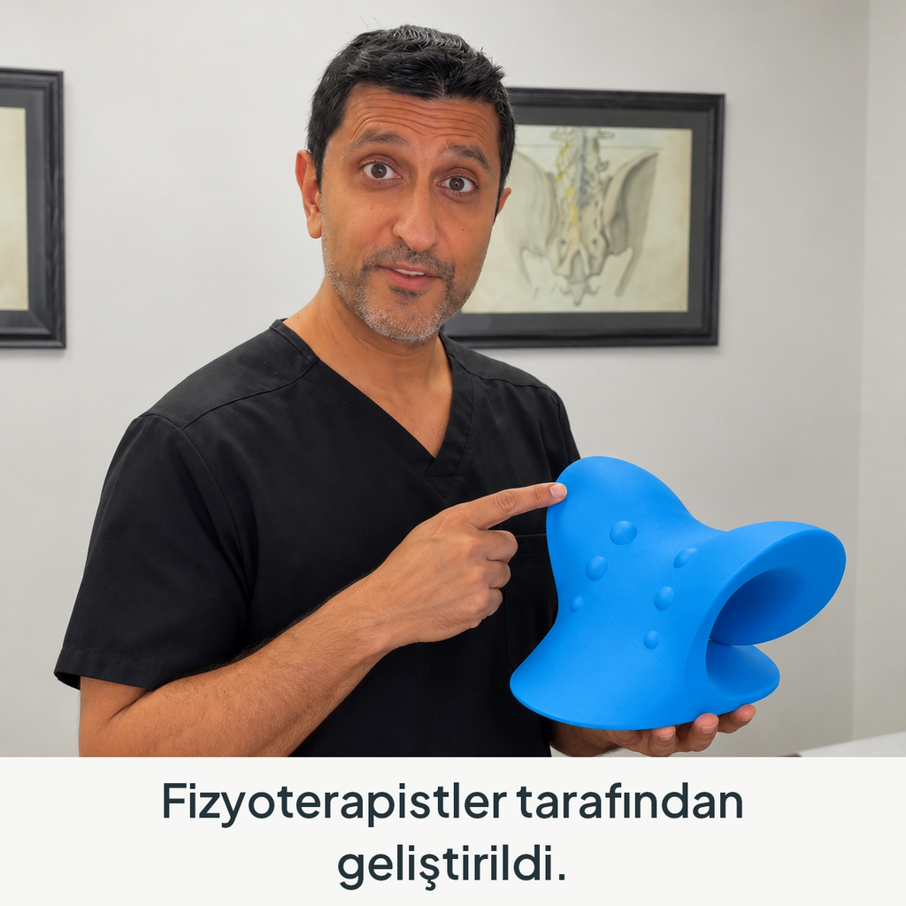 Mavi boyun destek aparatını gösteren siyah forma giymiş sunucu.