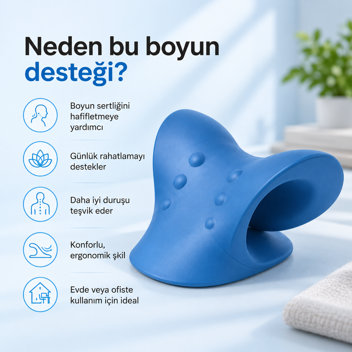 Mavi boyun desteği ve Türkçe ürün özellikleri.