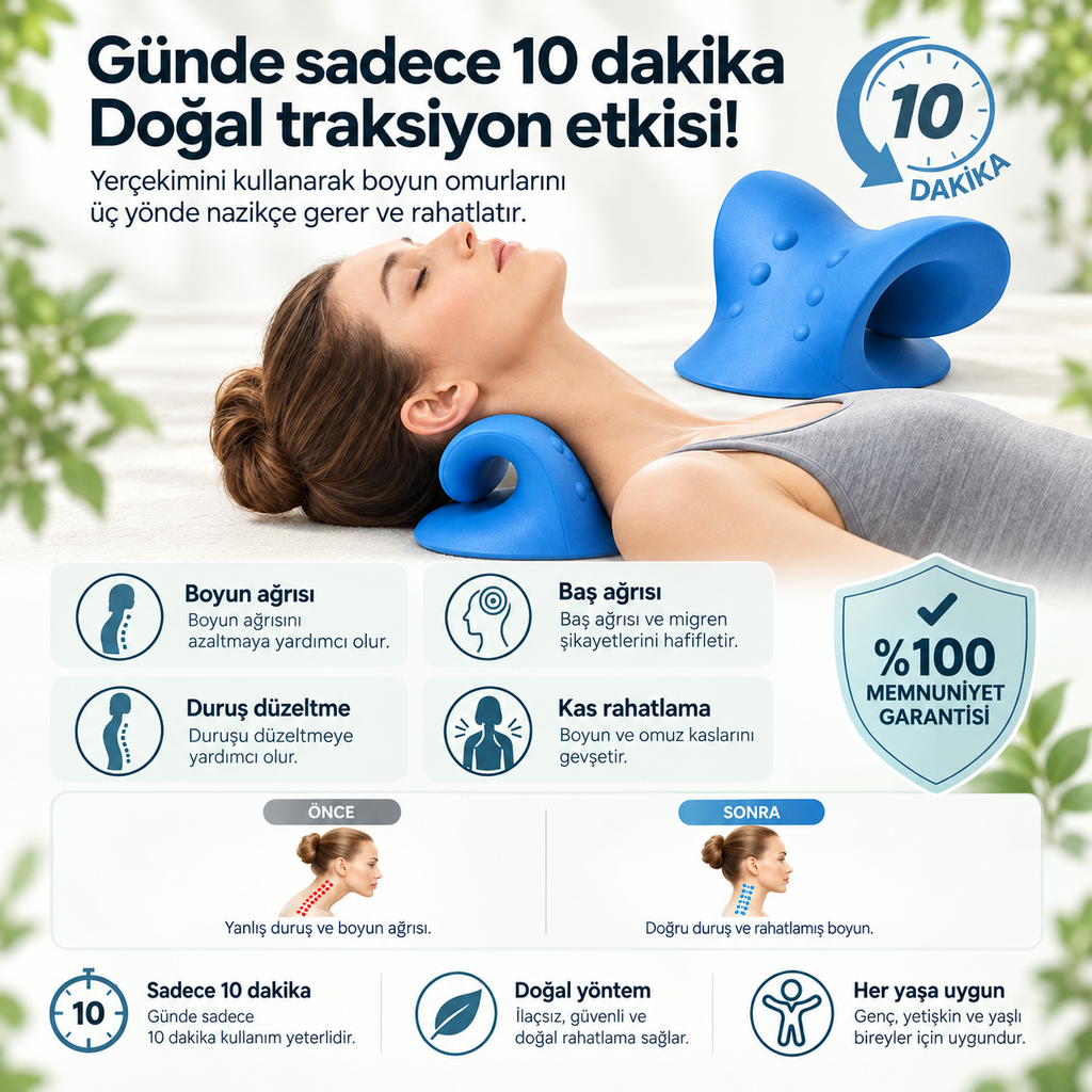 Mavi boyun desteği, kullanım görseli ve ürün özellikleri.